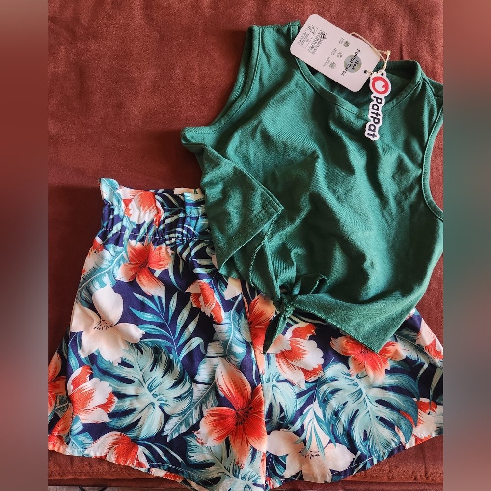 Green Top and Floral Shorts Set
